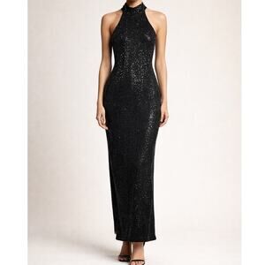 Vintage Roberta Midnight Black Sequin Halter Open Back Sleeveless Maxi Gown